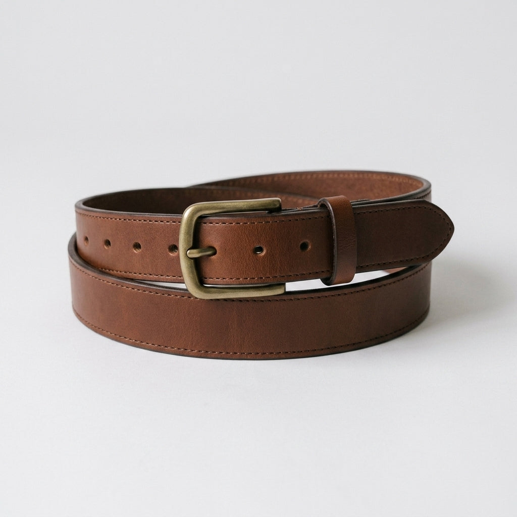 Brown Leather Belt with Antique Finish Buckle & Stitched Edges