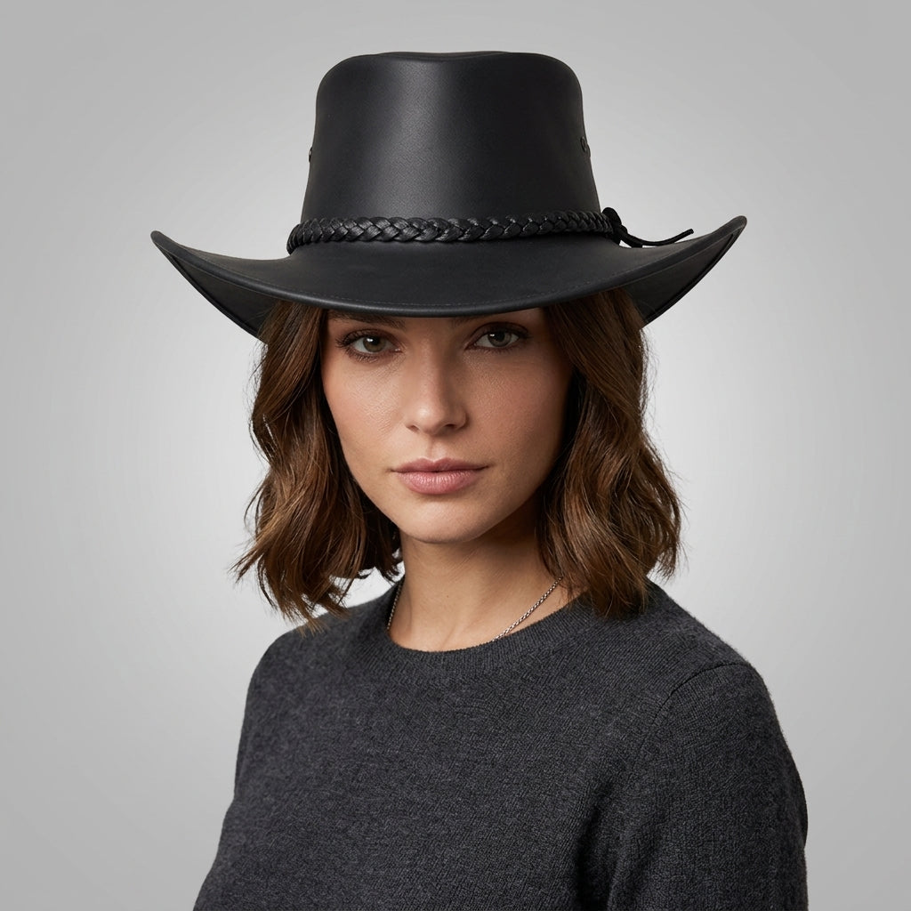 Black Australian Leather Outback Hat with Braided Band