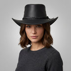 Black Australian Leather Outback Hat with Braided Band