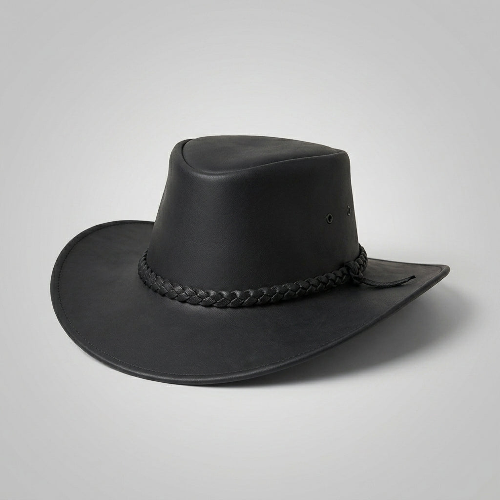 Black Australian Leather Outback Hat with Braided Band