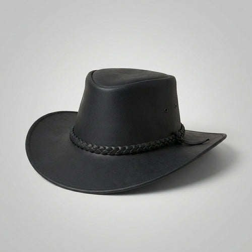 Black Australian Leather Outback Hat with Braided Band