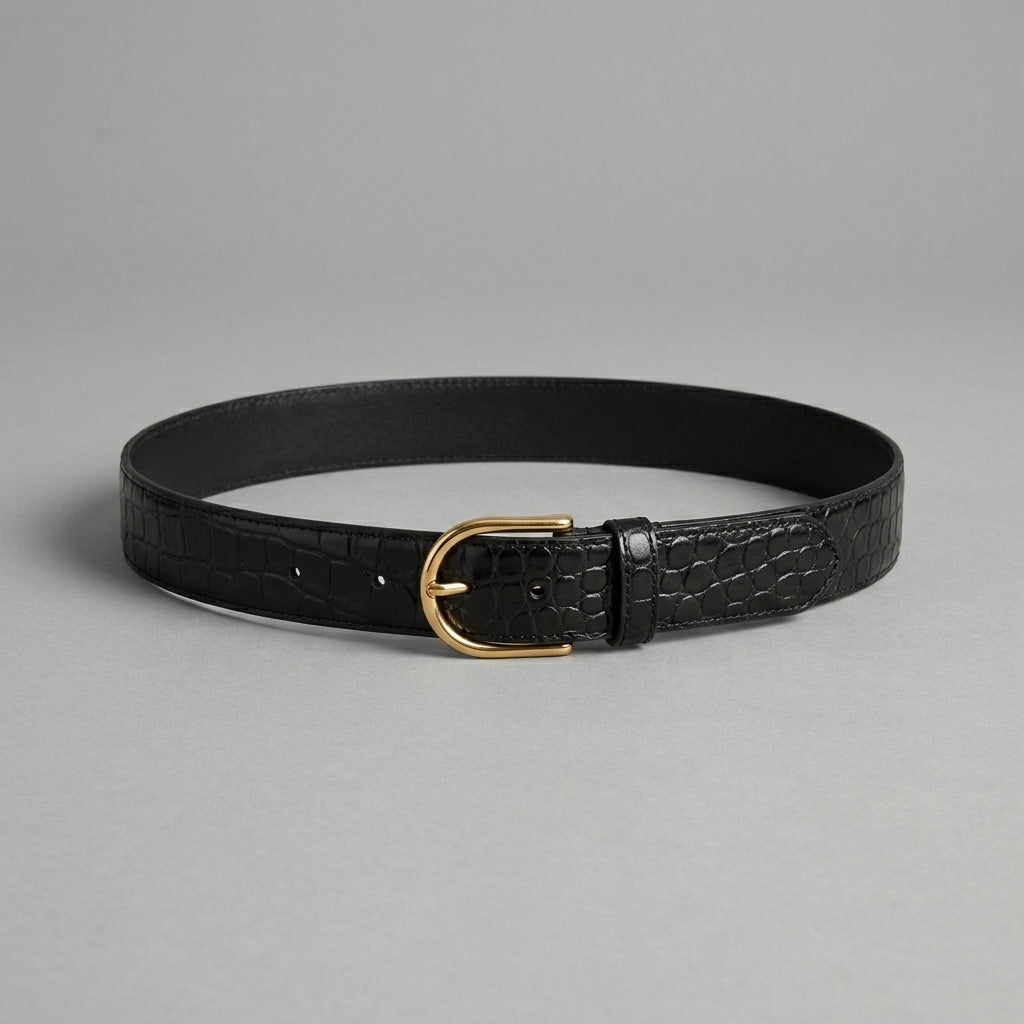 Black Croc Leather Belt with Gold Buckle