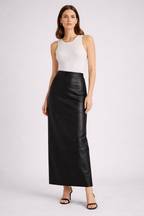 Black Faux Leather Maxi Skirt with Seam Detailing