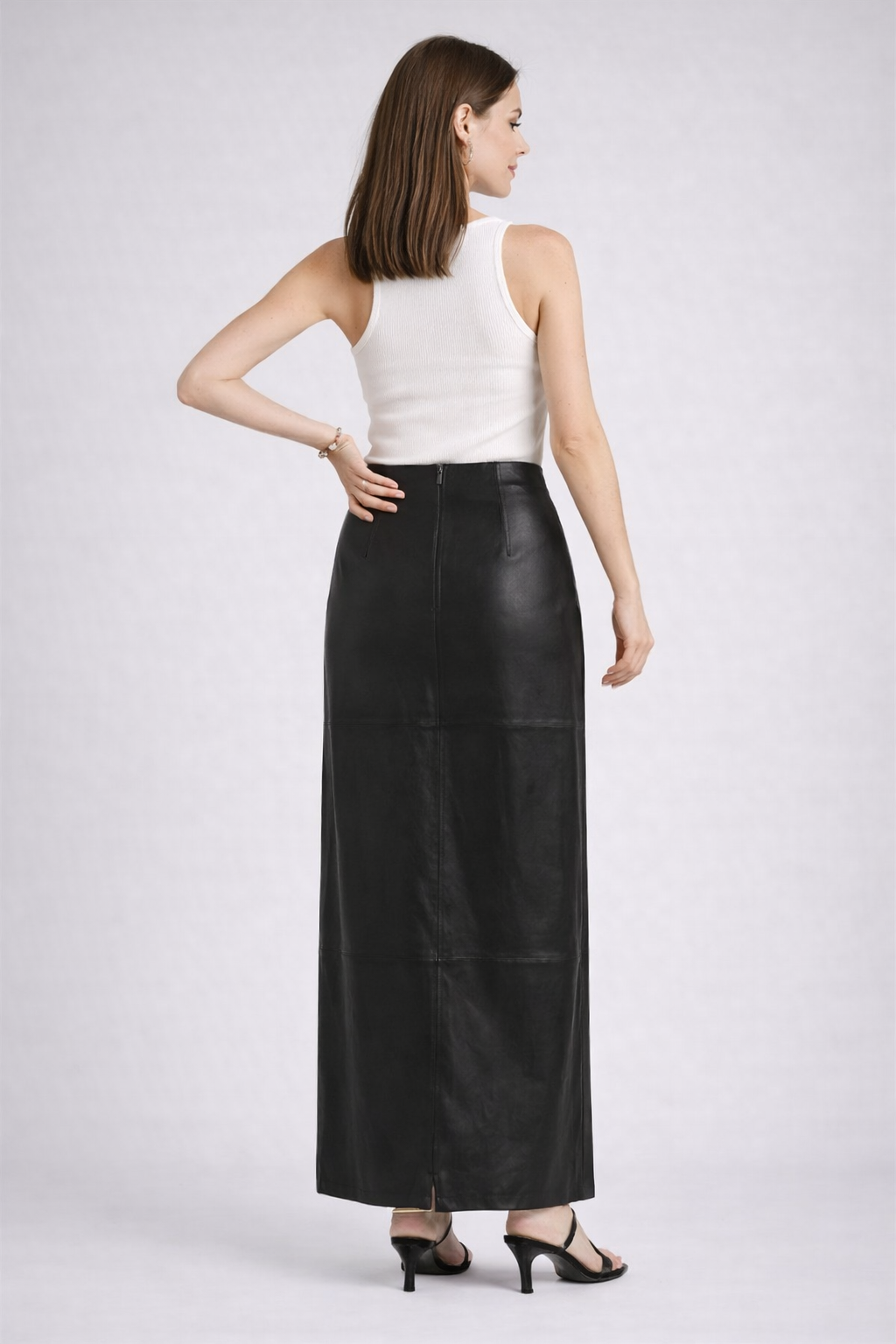 Black Faux Leather Maxi Skirt with Seam Detailing