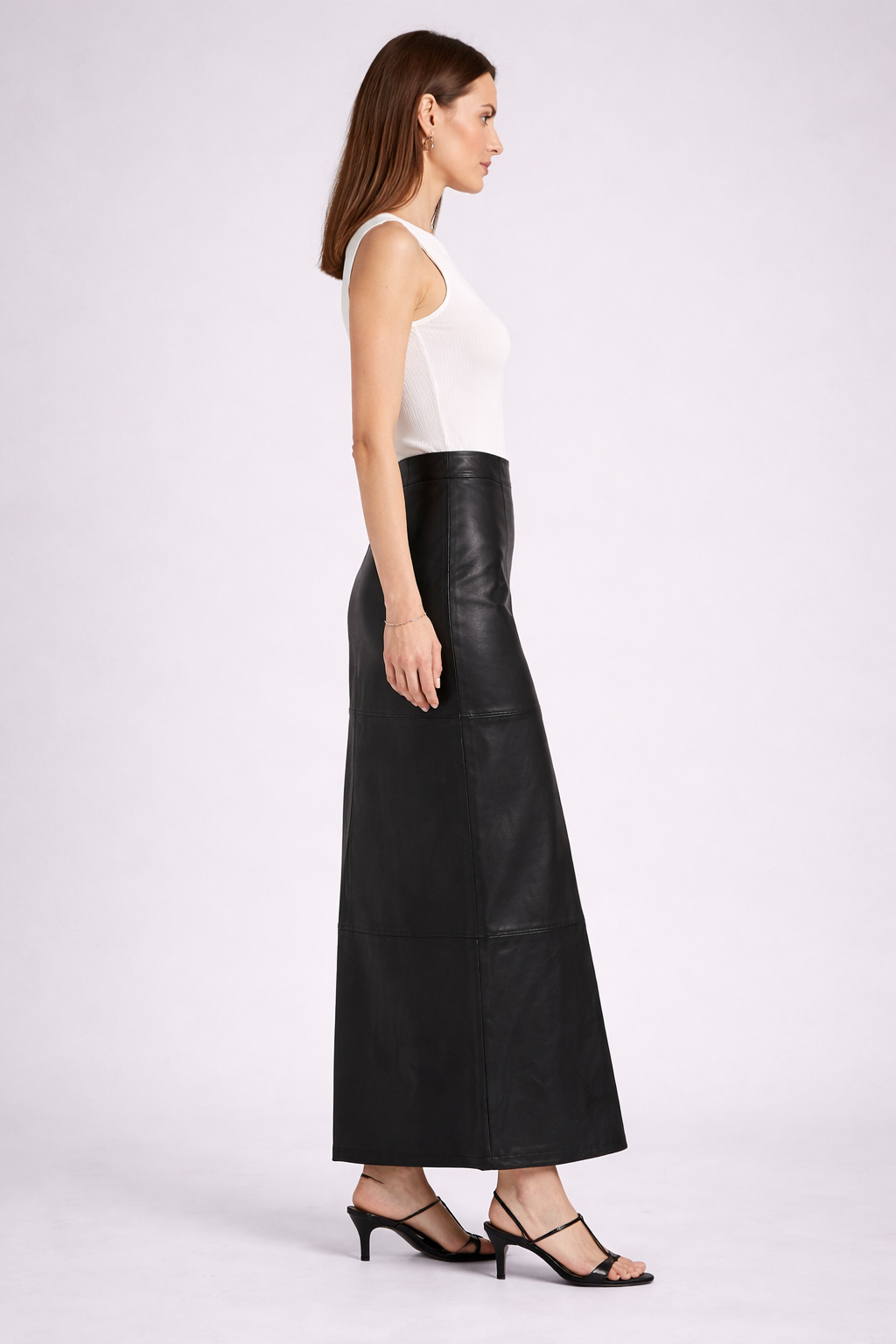 Black Faux Leather Maxi Skirt with Seam Detailing