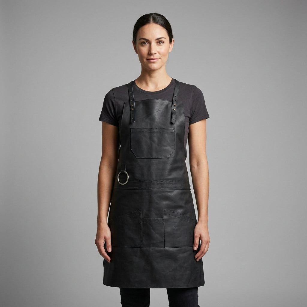 Black Full-Grain Leather Work Apron