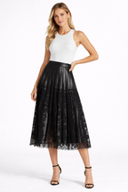 Black Lace-Trim Leather Midi Skirt