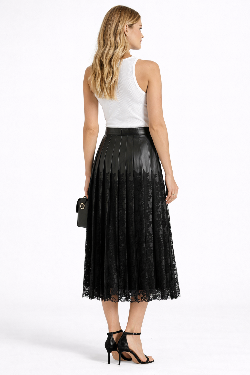 Black Lace-Trim Leather Midi Skirt