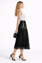 Black Lace-Trim Leather Midi Skirt