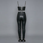 Black Lace-Up Faux Leather Two-Piece Dress Set