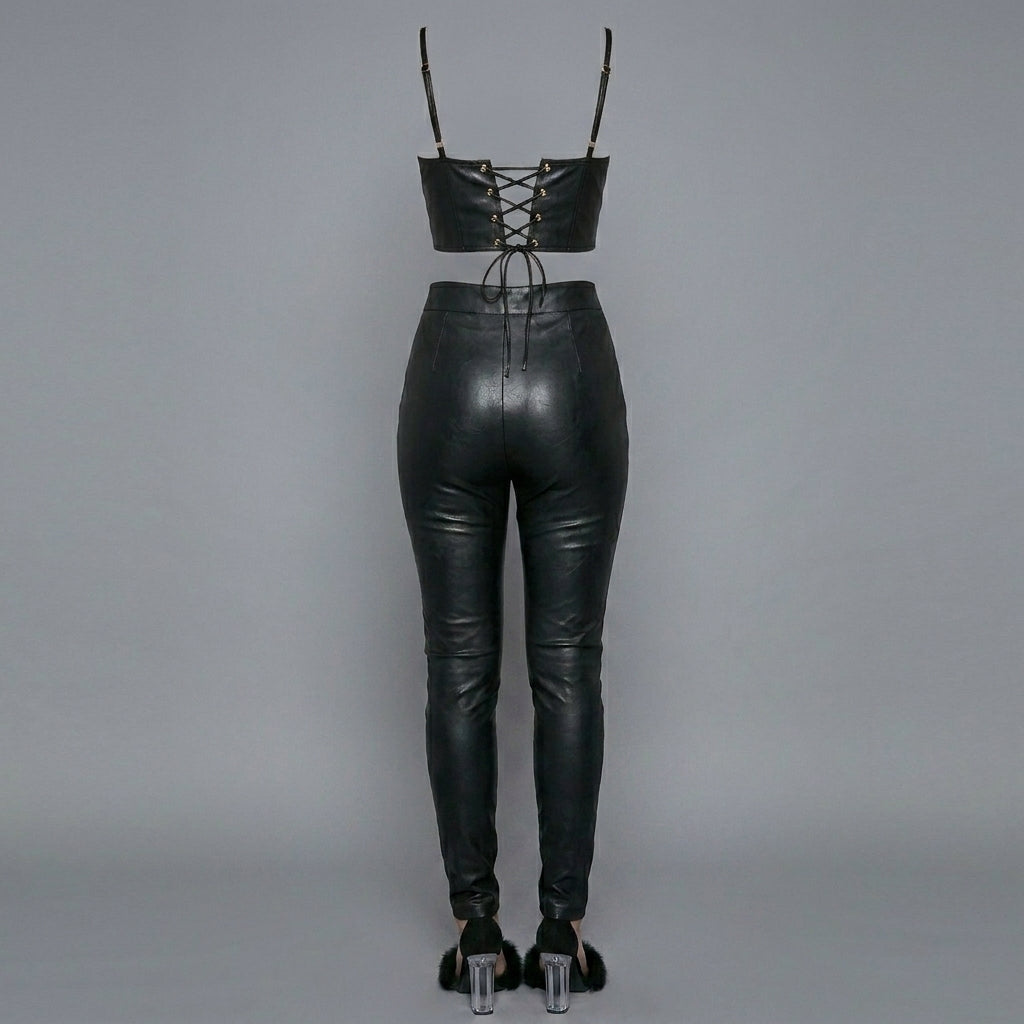 Black Lace-Up Faux Leather Two-Piece Dress Set