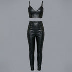 Black Lace-Up Faux Leather Two-Piece Dress Set