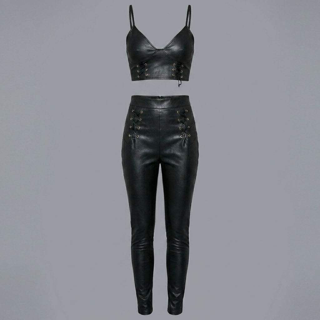 Black Lace-Up Faux Leather Two-Piece Dress Set