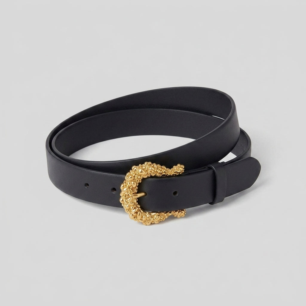 Black Leather Belt with Textured Gold Buckle