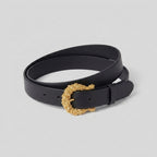Black Leather Belt with Textured Gold Buckle