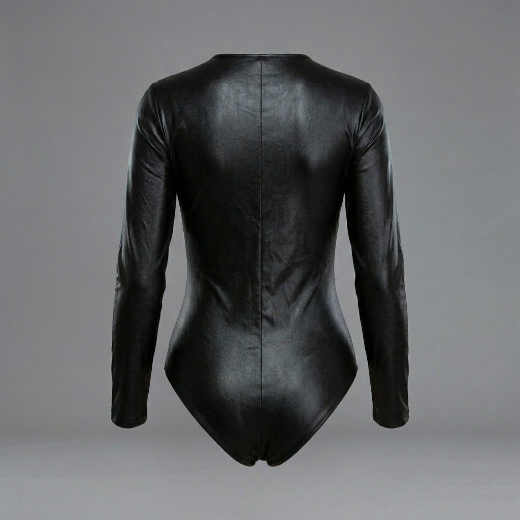 Black Leather Bodycon Long Sleeve Romper for Women