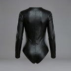 Black Leather Bodycon Long Sleeve Romper for Women