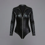Black Leather Bodycon Long Sleeve Romper for Women
