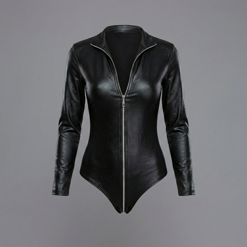 Black Leather Bodycon Long Sleeve Romper for Women