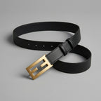 Black Leather FF Gold Buckle Belt