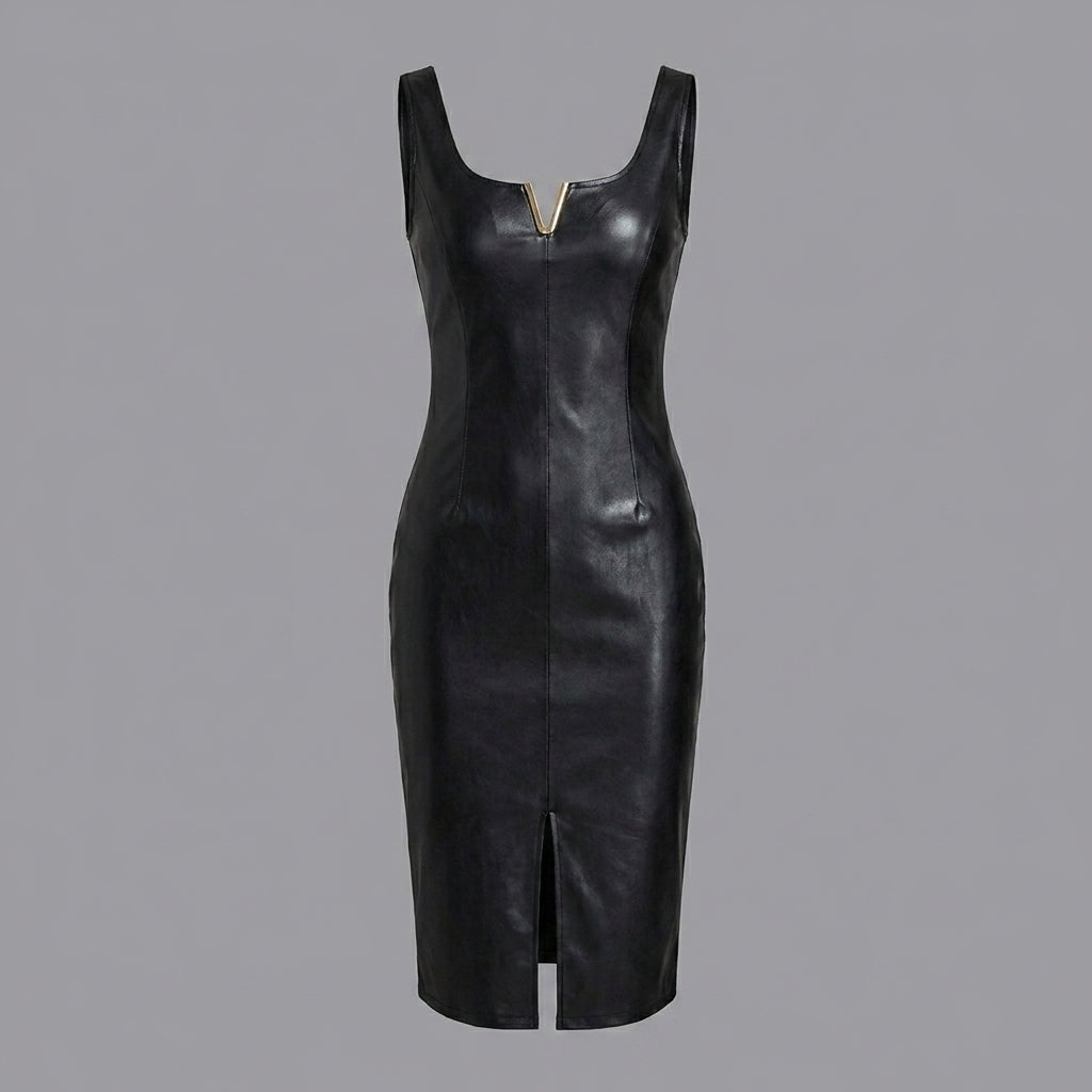 Black Leather V-Notch Tank Maxi Dress