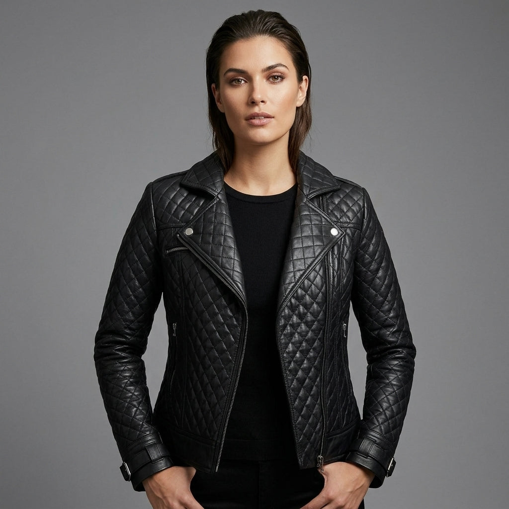 Black Quilted Moto Leather Jacket for Women