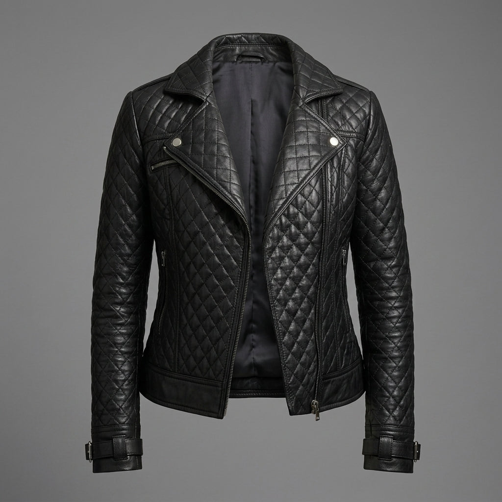 Black Quilted Moto Leather Jacket for Women