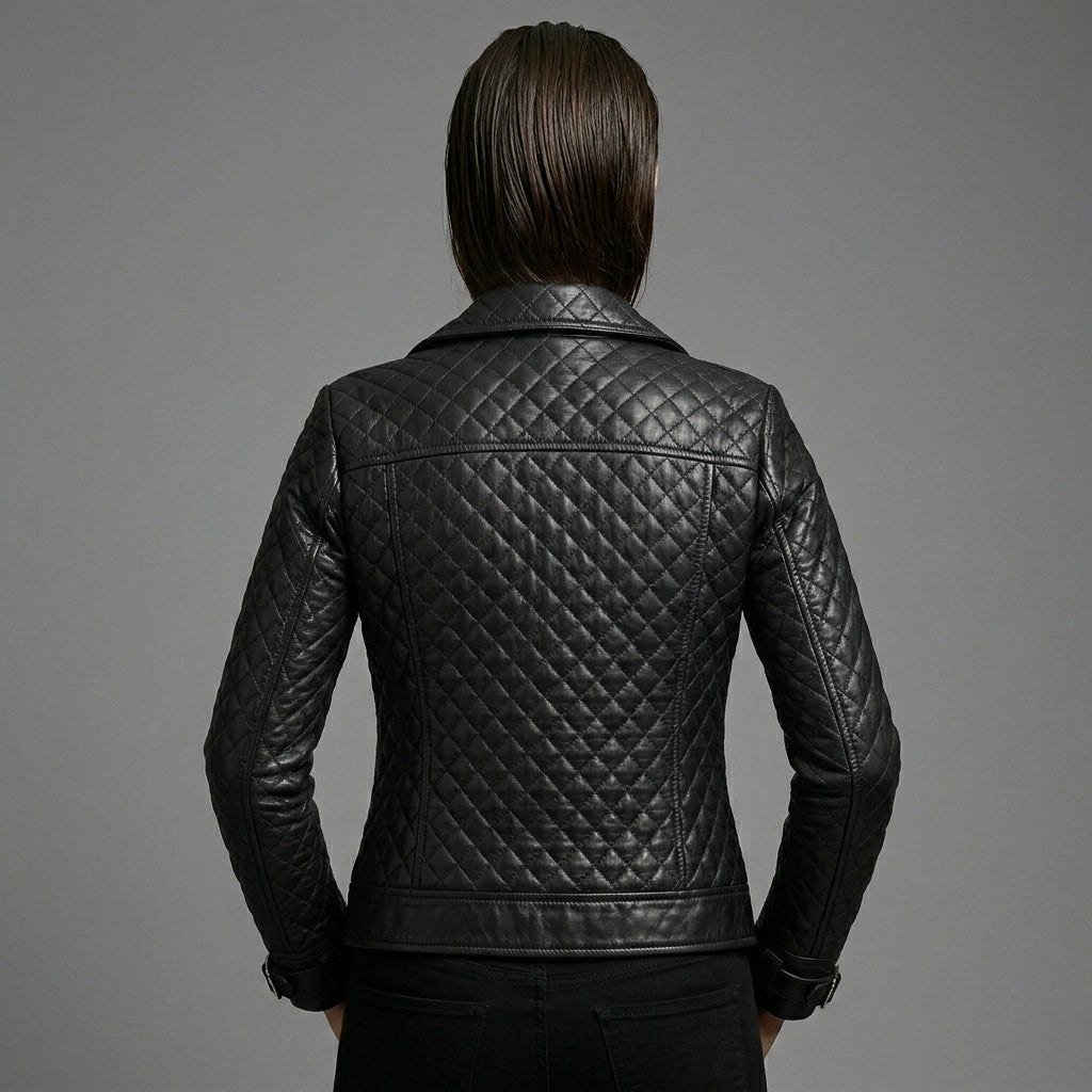 Black Quilted Moto Leather Jacket for Women