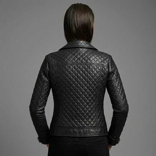 Black Quilted Moto Leather Jacket for Women