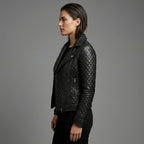 Black Quilted Moto Leather Jacket for Women
