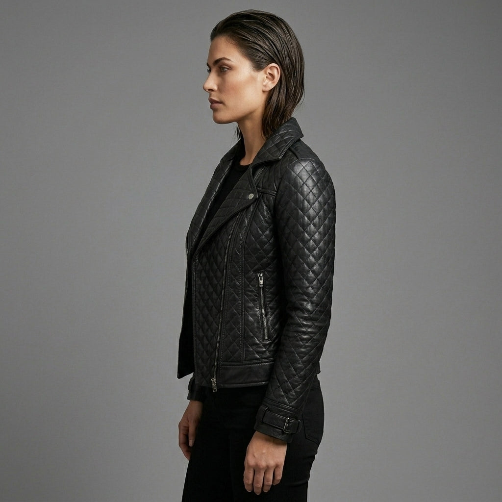 Black Quilted Moto Leather Jacket for Women