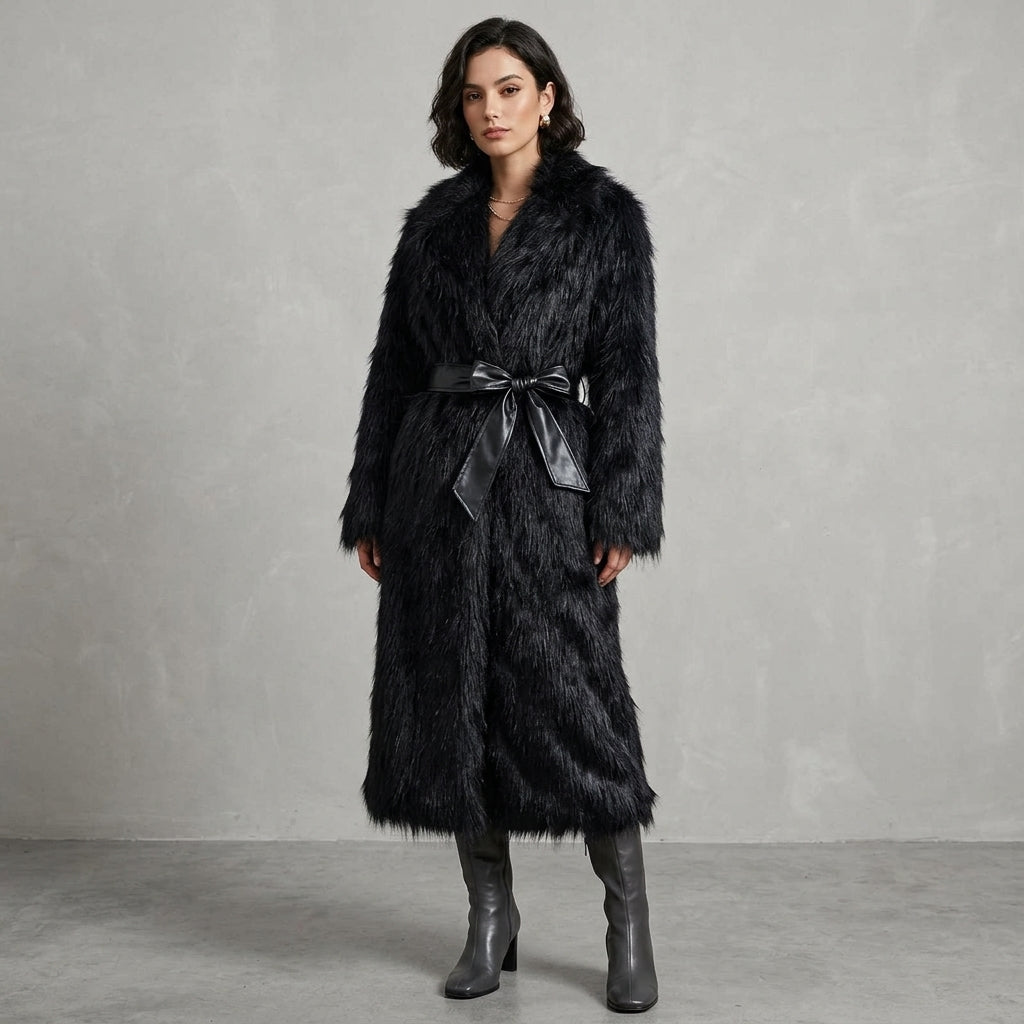 Black Shaggy Faux Fur Belted Coat