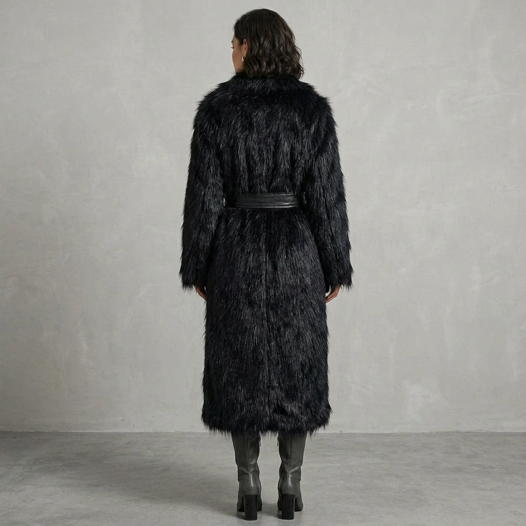Black Shaggy Faux Fur Belted Coat