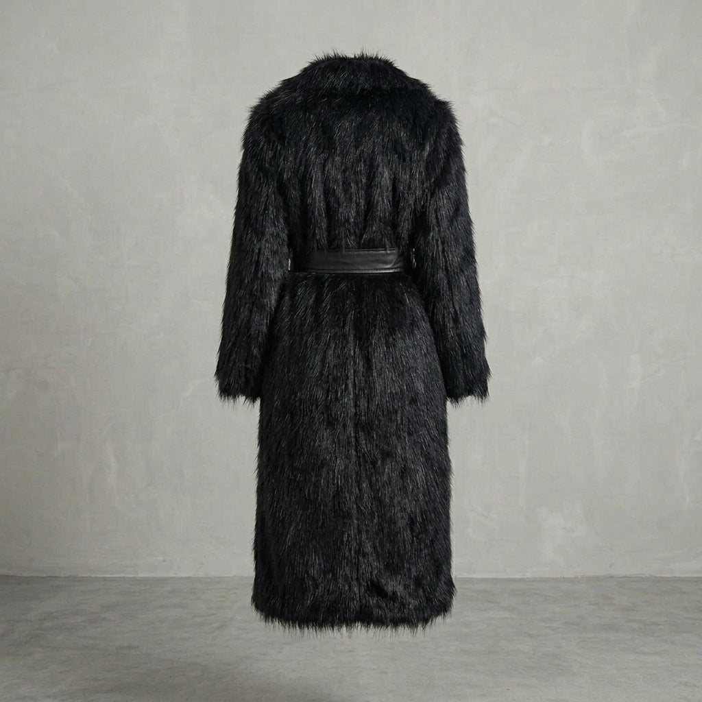 Black Shaggy Faux Fur Belted Coat