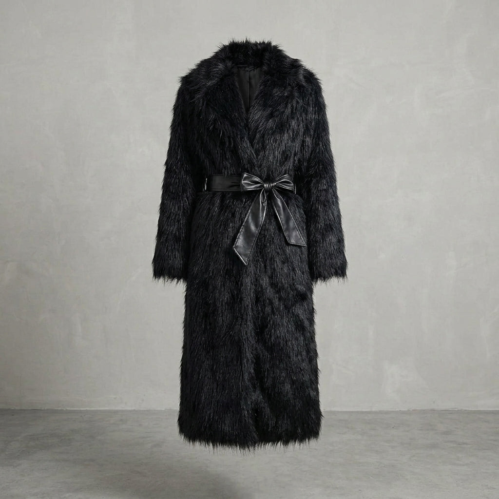 Black Shaggy Faux Fur Belted Coat