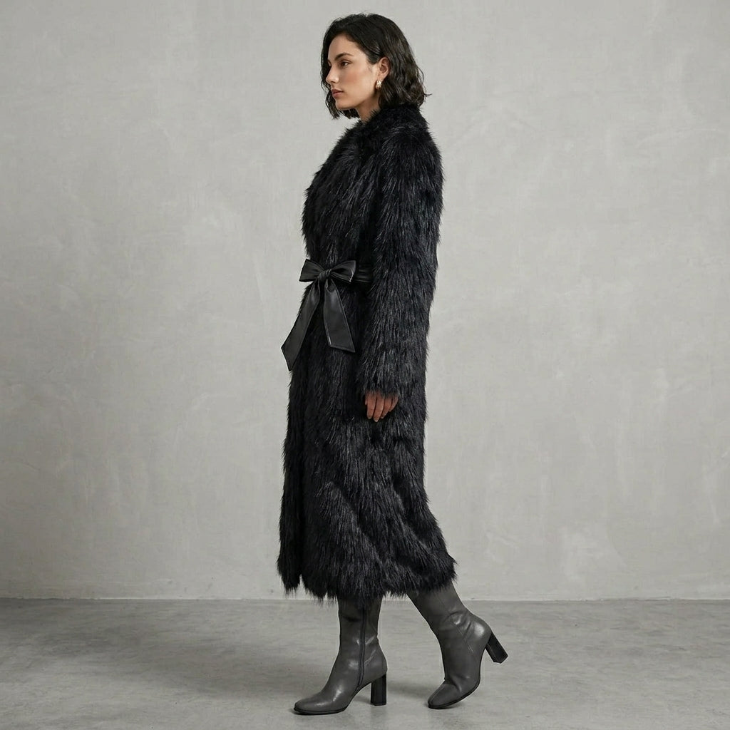 Black Shaggy Faux Fur Belted Coat
