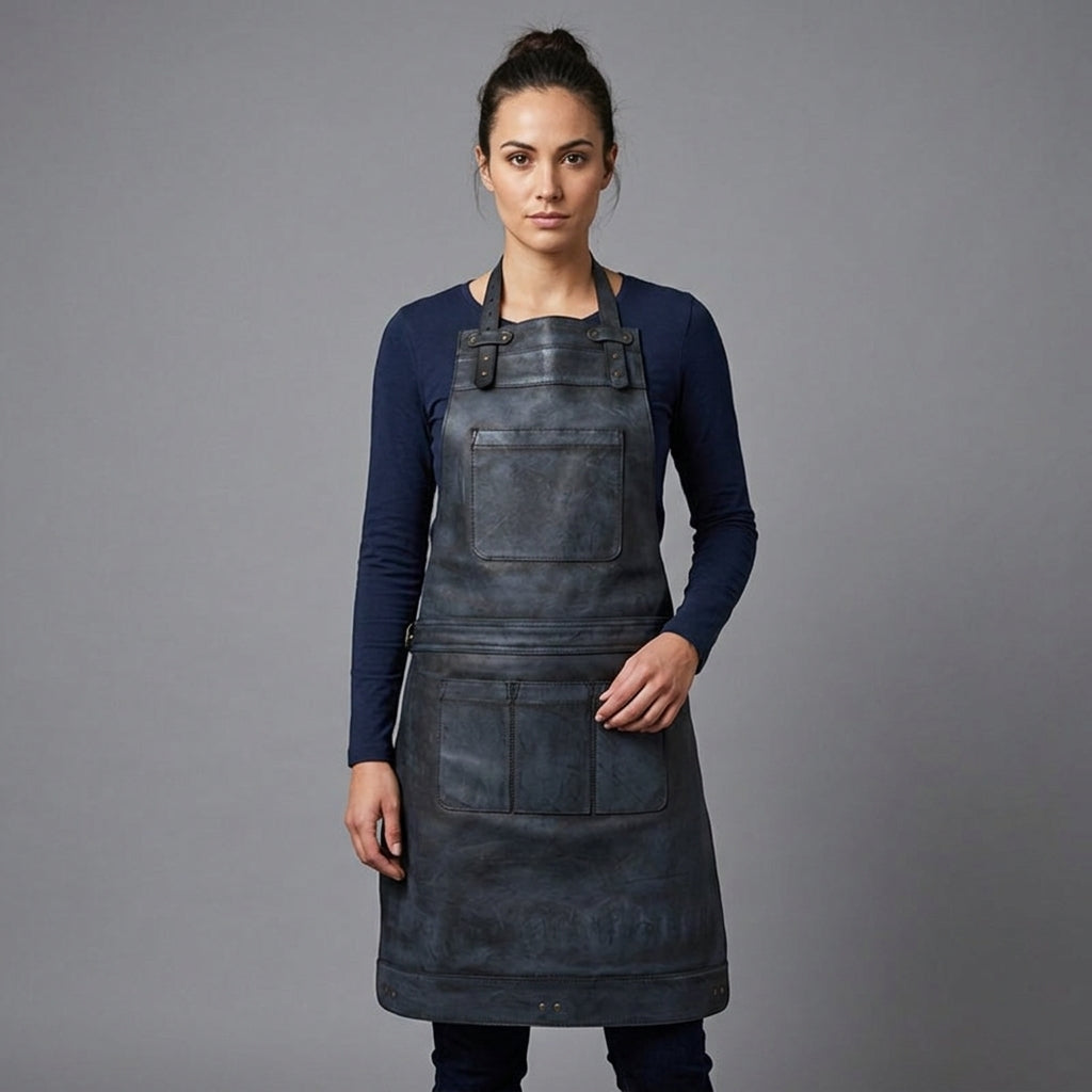 Blue Distressed Leather Utility Apron
