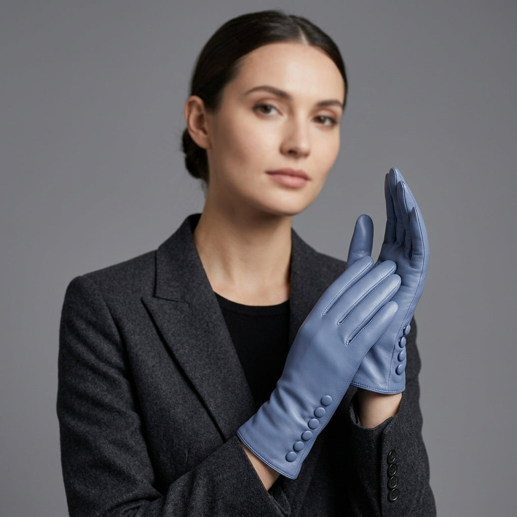 Blue Sheepskin Leather Button Gloves