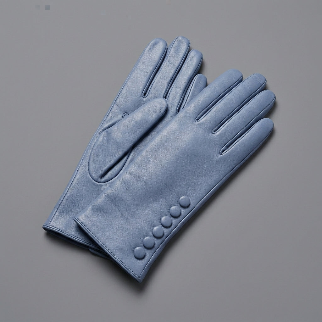 Blue Sheepskin Leather Button Gloves