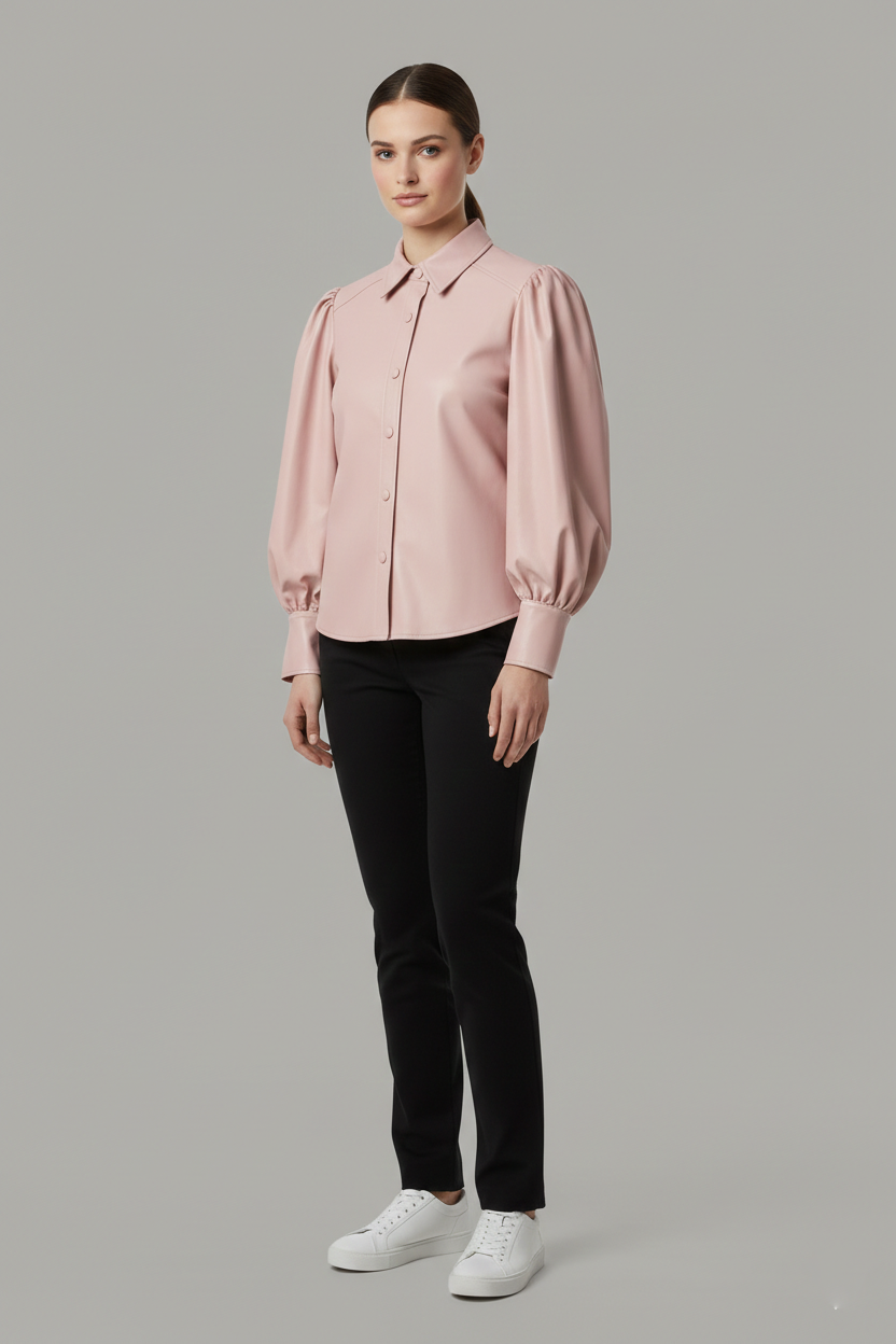 Blush Faux Leather Puff Sleeve Shirt