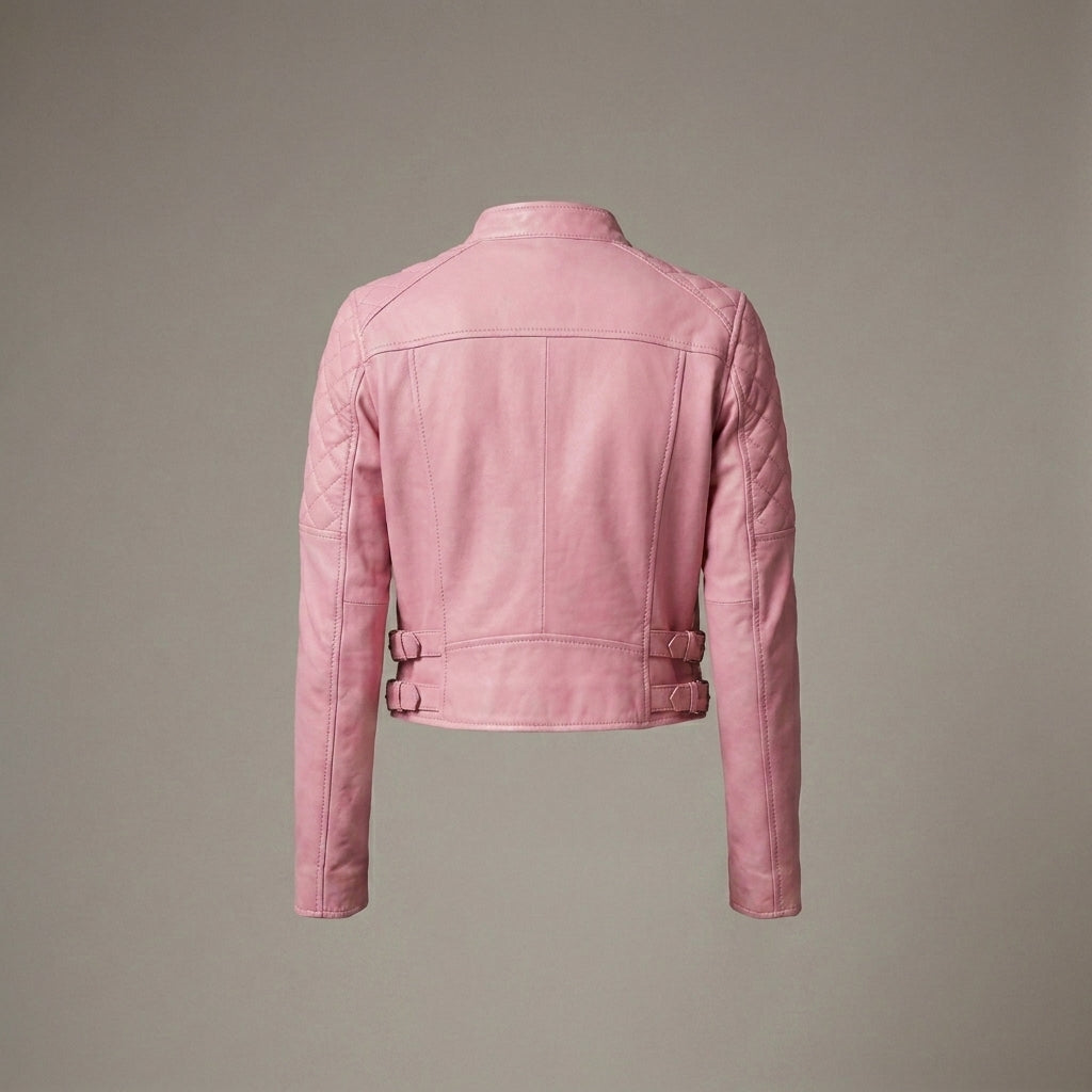 Blush Pink Lambskin Leather Moto Biker Jacket for Women