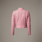Blush Pink Lambskin Leather Moto Biker Jacket for Women