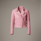 Blush Pink Lambskin Leather Moto Biker Jacket for Women