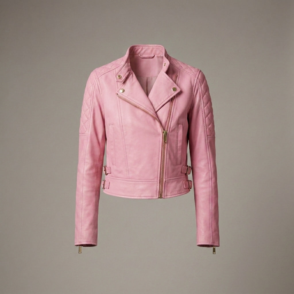 Blush Pink Lambskin Leather Moto Biker Jacket for Women