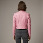 Blush Pink Lambskin Leather Moto Biker Jacket for Women