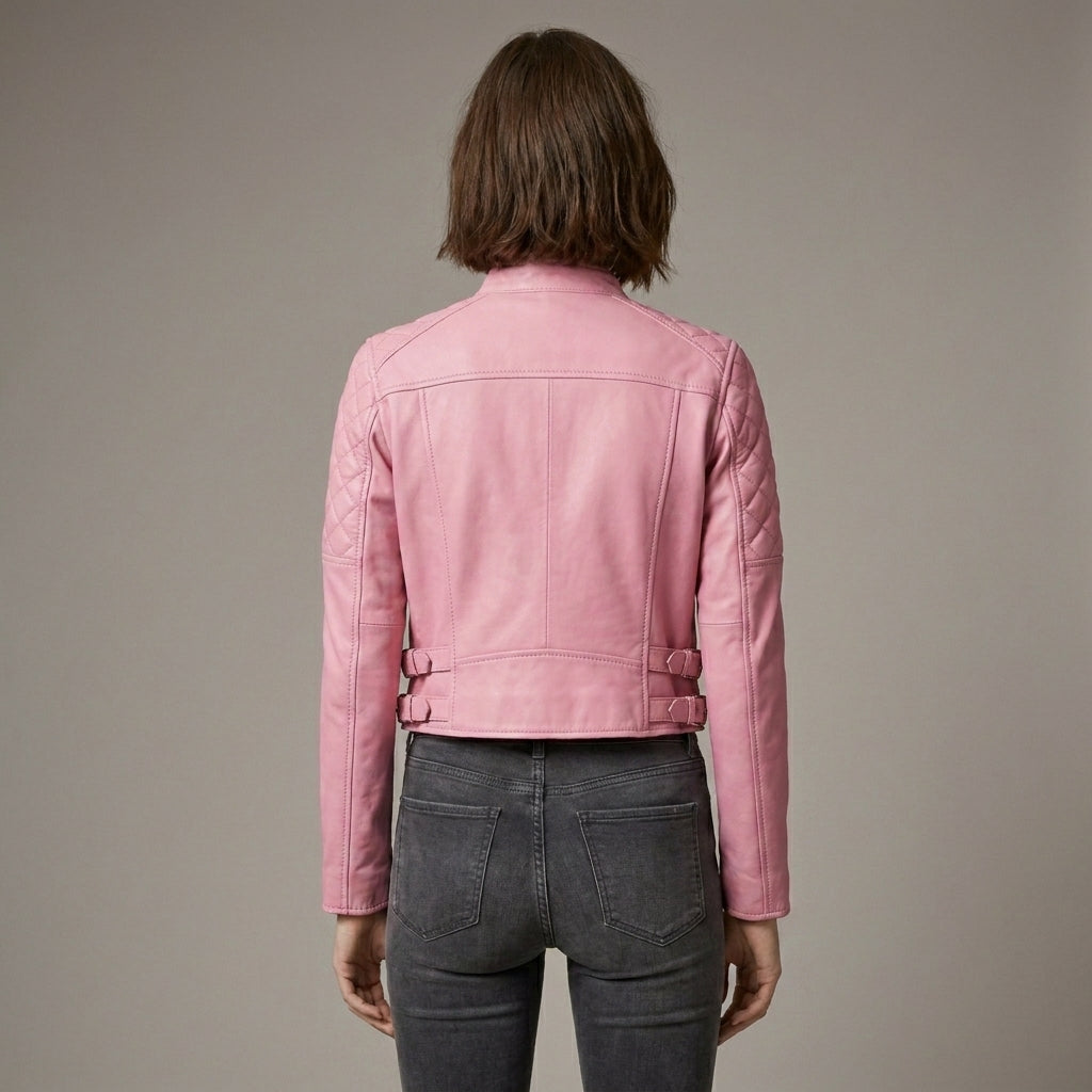 Blush Pink Lambskin Leather Moto Biker Jacket for Women