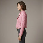 Blush Pink Lambskin Leather Moto Biker Jacket for Women