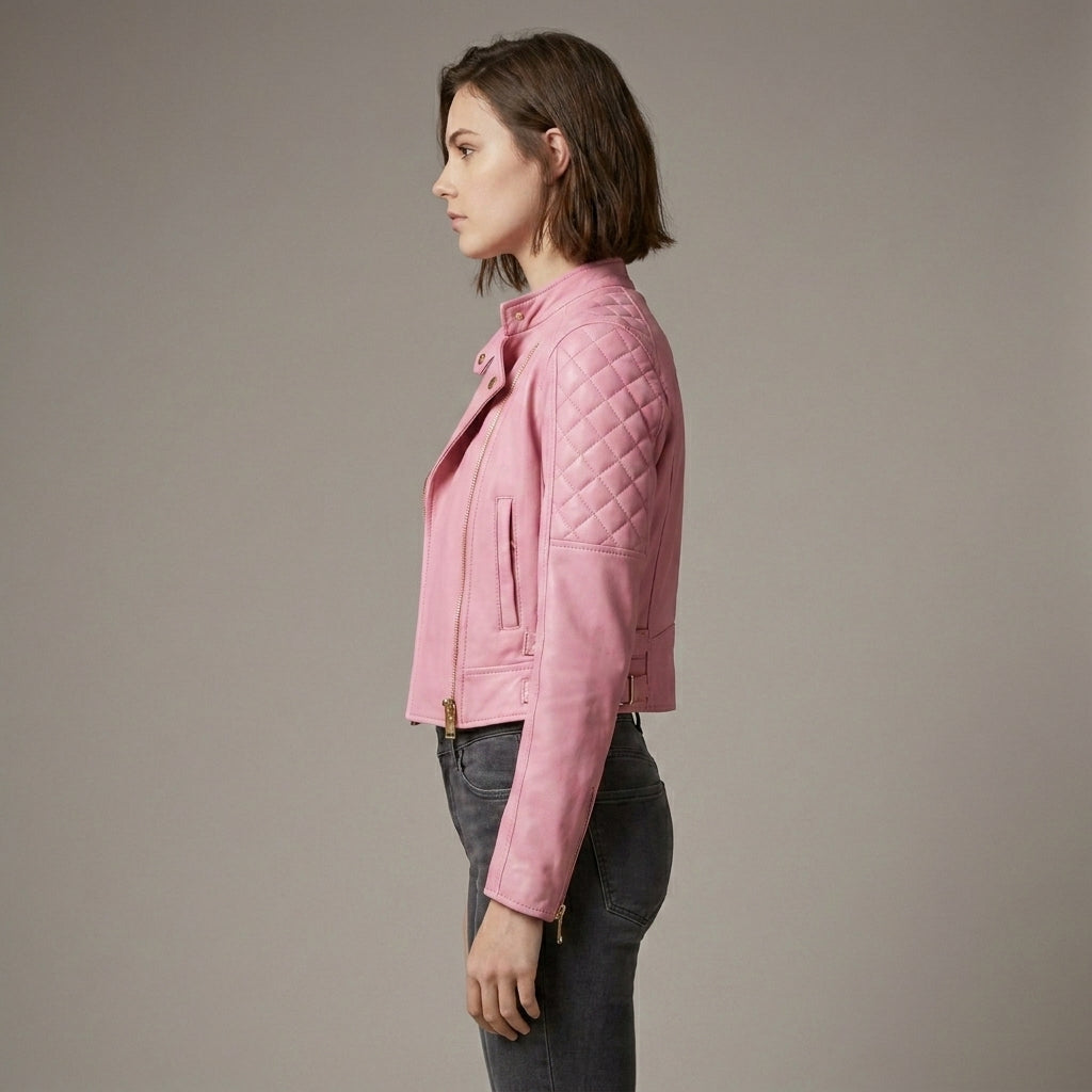 Blush Pink Lambskin Leather Moto Biker Jacket for Women