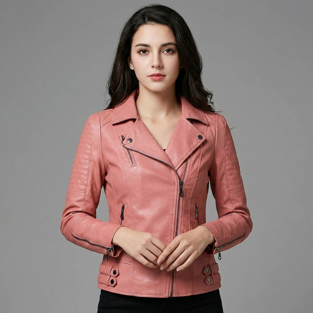 Blush Pink Sheepskin Women’s Moto Biker Jacket