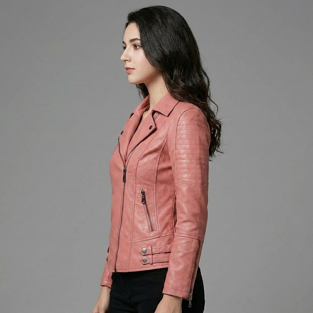 Blush Pink Sheepskin Women’s Moto Biker Jacket